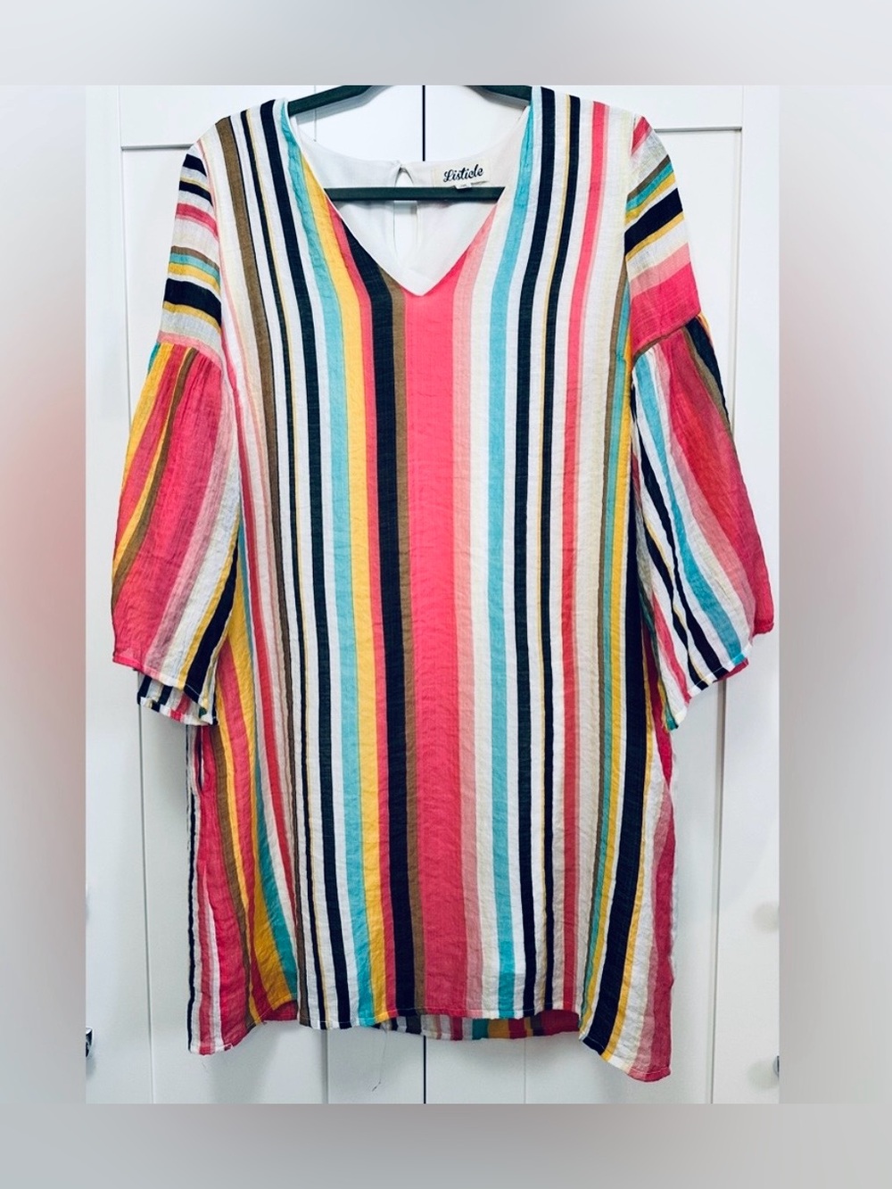 Multicolor Striped Women's V Neck Dress Sz LG From Paris